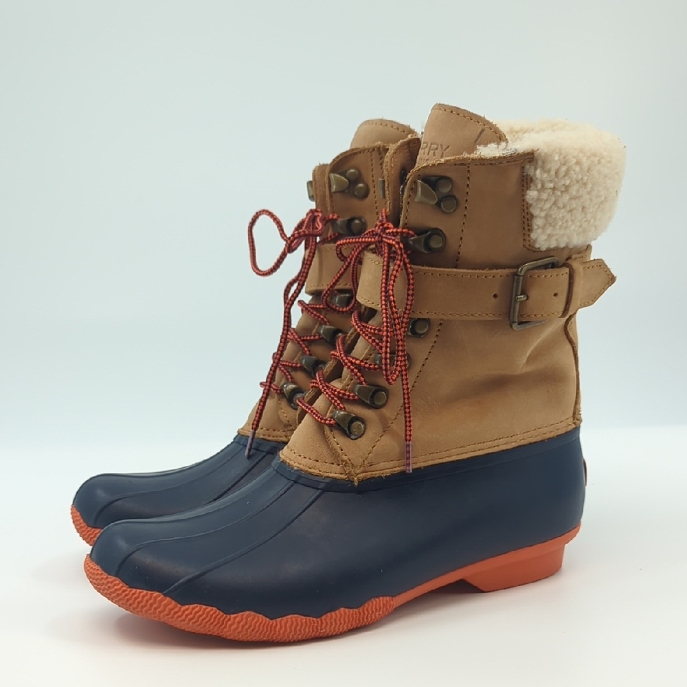 SPERRY Shearwater Winter Waterproof Wool Leather Duck Boots Sz 7.5 Tan/Navy